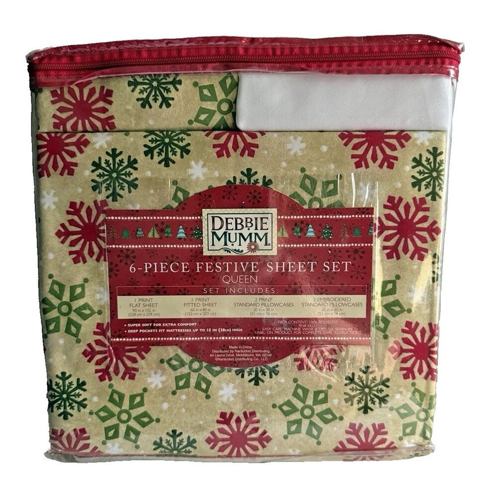 Debbie Mumm Christmas Queen Sheet Set Snowflake 4 Pillowcases Flat Fitted Sheet